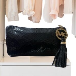 Michael Kors Black Textured Faux Snakeskin Clutch with Tassel & Charm